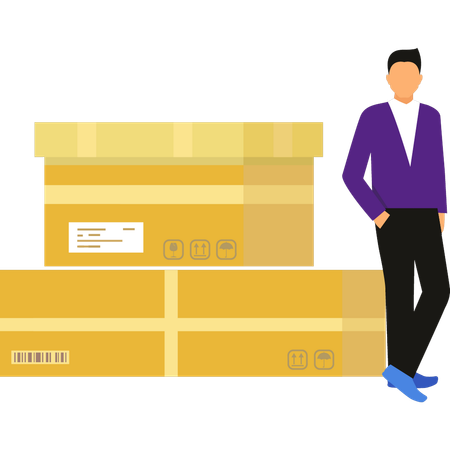Boy stands near the delivery boxes  Illustration