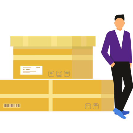 Boy stands near the delivery boxes  Illustration