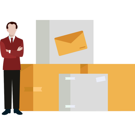Boy stands next to a cardboard parcel  Illustration