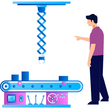 Boy stands next to a production conveyor  イラスト