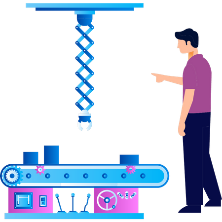 Boy stands next to a production conveyor  Illustration