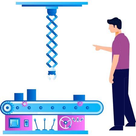 Boy stands next to a production conveyor  Illustration