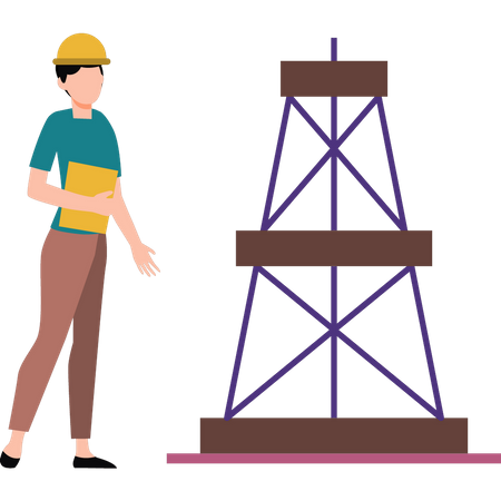 Boy stands next to an industrial tower  Illustration