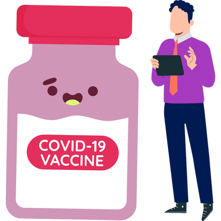Boy stands next to jar of COVID-19 vaccine  Illustration