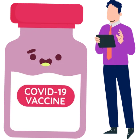 Boy stands next to jar of COVID-19 vaccine  Illustration