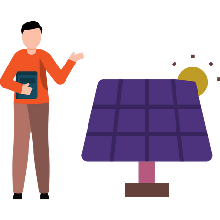 Boy stands next to solar panel  Illustration