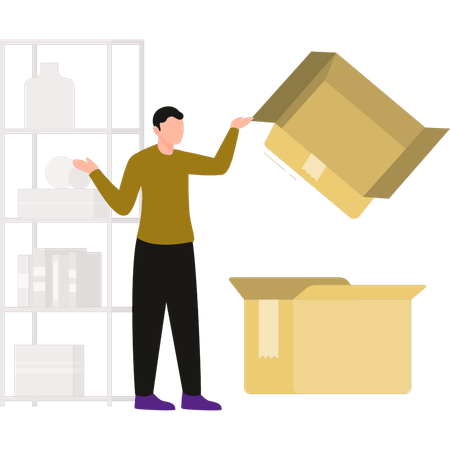 Boy stands next to the cardboard boxes  Illustration