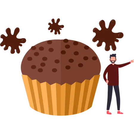 Boy stands next to the chocolate muffin  Illustration