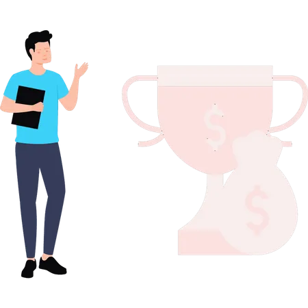 Boy stands next to the dollar trophy Illustration