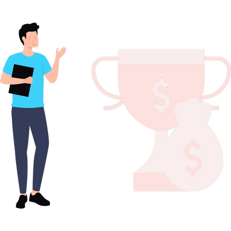 Boy stands next to the dollar trophy  Illustration