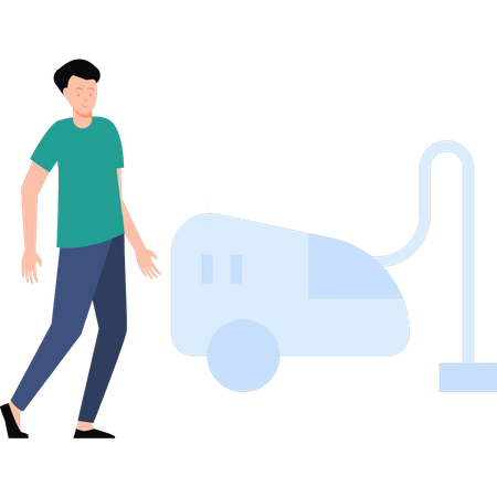 Boy stands next to vacuum cleaner  Illustration