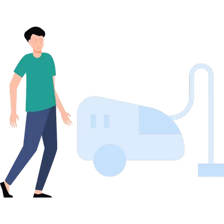 Boy stands next to vacuum cleaner  Illustration