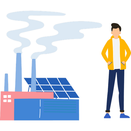 Boy stands outside the solar plant  Illustration
