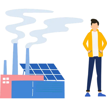 Boy stands outside the solar plant  Illustration