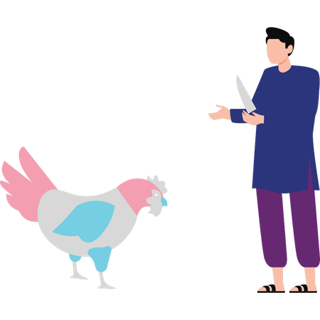 Boy stands to slaughter the rooster  Illustration