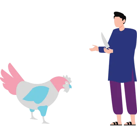 Boy stands to slaughter the rooster  Illustration