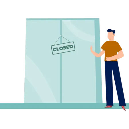 Boy stops at closed board  Illustration