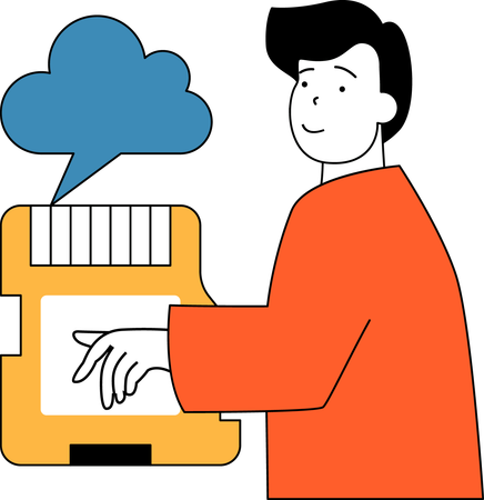 Boy stores data in cloud drive  Illustration