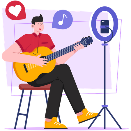 Boy streaming guitar live online  Illustration