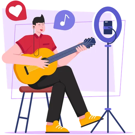 Boy streaming guitar live online  Illustration