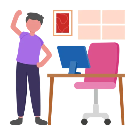 Boy Stretching in Office  Illustration