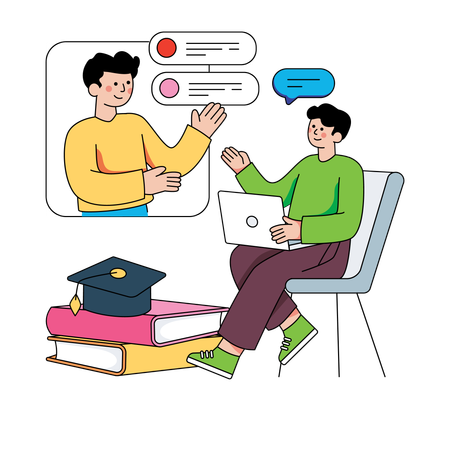 Boy student asking questions to teacher via video call  Illustration