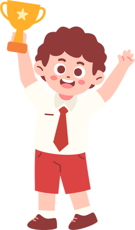 Boy Student Celebrating With Trophy  Illustration