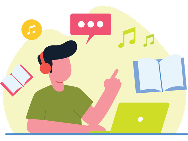 Boy student doing Audio Learning  Illustration