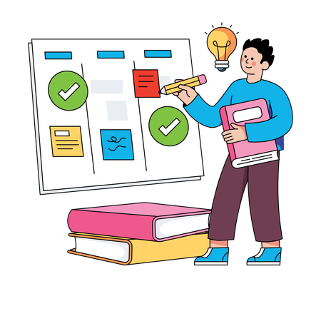 Boy student doing task planning on task board  Illustration