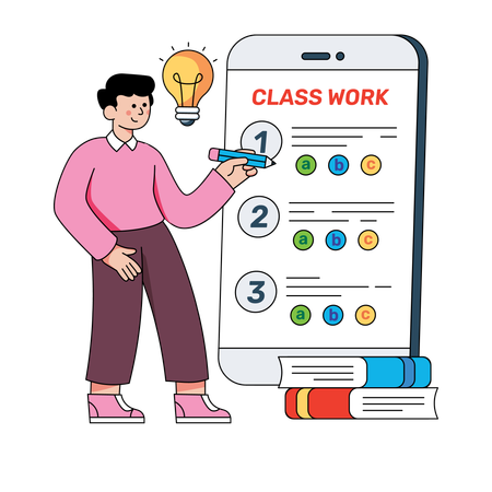 Boy student giving online test on mobile phone  Illustration