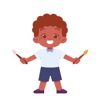 Boy Student Holding Paint Brush In Two Hands  Illustration