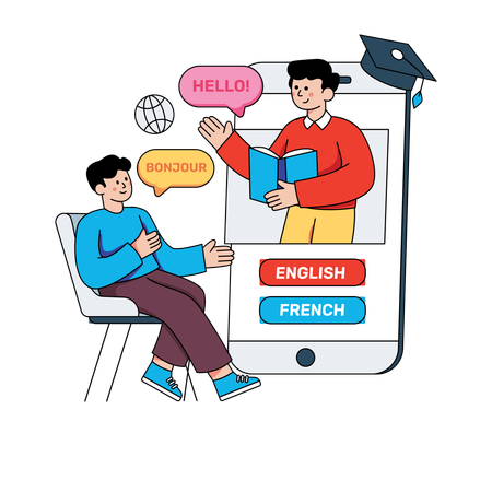 Boy student learning french language from online tutor  Illustration