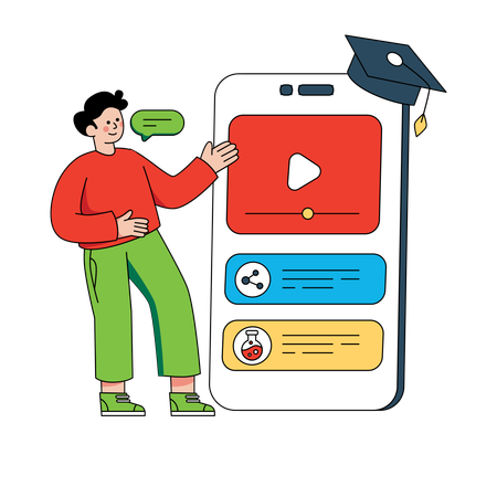Boy student learning from online video tutorial  Illustration