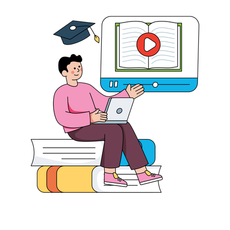 Boy student learning from online video tutorial  Illustration