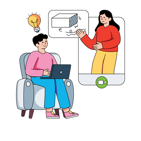 Boy student learning from teacher via video call  Illustration