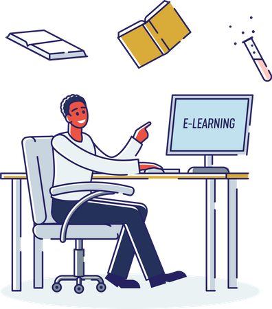 Boy Student Learning Online on Computer  Illustration
