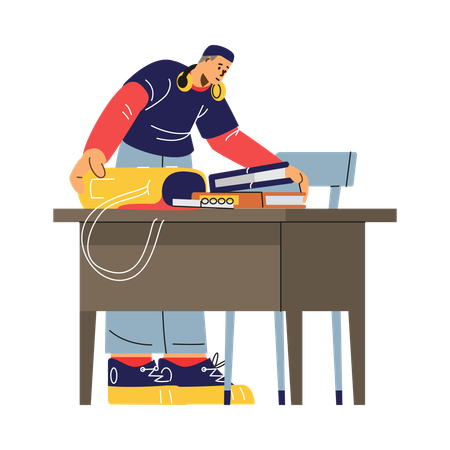 男子学生が大学の授業終了を祝いながらバックパックに本を詰める  イラスト