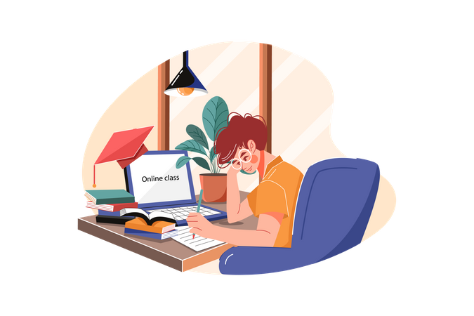 Boy studying in online school  Illustration