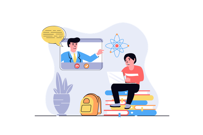 Boy studying online using laptop and watching video lessons with teacher  Illustration
