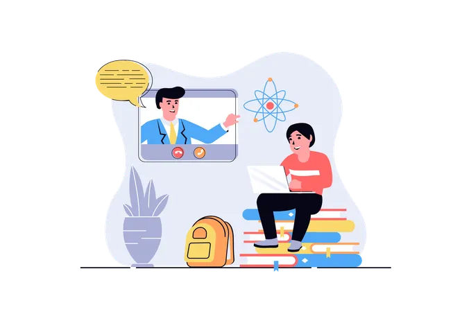 Boy studying online using laptop and watching video lessons with teacher  Illustration