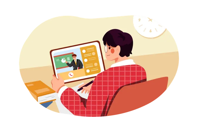 Boy studying online using tablet  Illustration