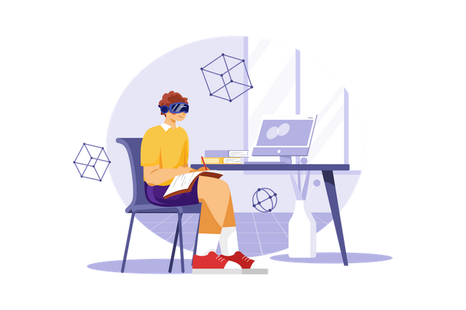 Boy studying using VR tech  Illustration