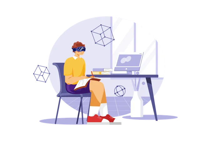 Boy studying using VR tech  Illustration