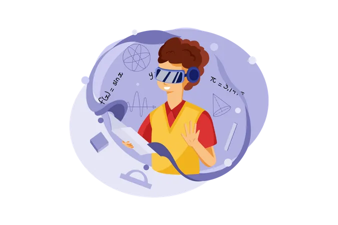 Boy studying using VR tech  Illustration