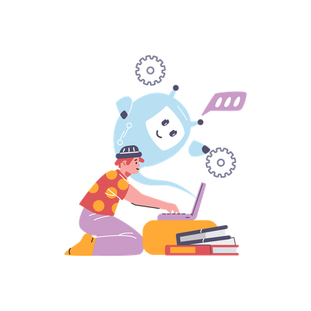 Boy studying with artificial intelligence on laptop  Illustration