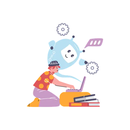 Boy studying with artificial intelligence on laptop  Illustration