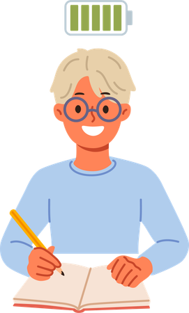 Boy studying with full energy  Illustration