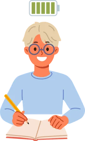 Boy studying with full energy  Illustration