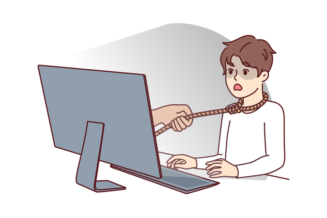 Boy suffering from internet addiction sits at table with computer with rope around neck  Illustration