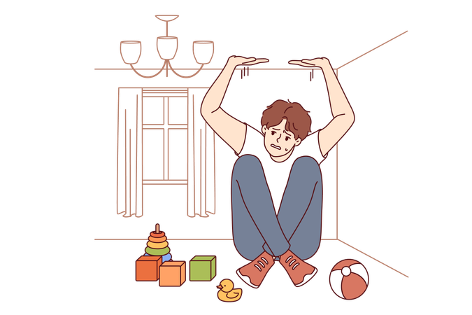 Boy suffers from claustrophobia feeling pressure of walls and sitting in small room with toys  Illustration